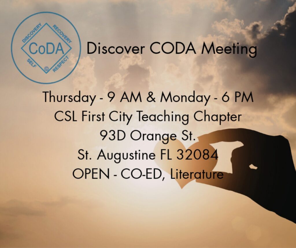 Discovering CoDA meeting flyer: Mondays at 6 PM and Thursdays at 9 AM at CSL First City