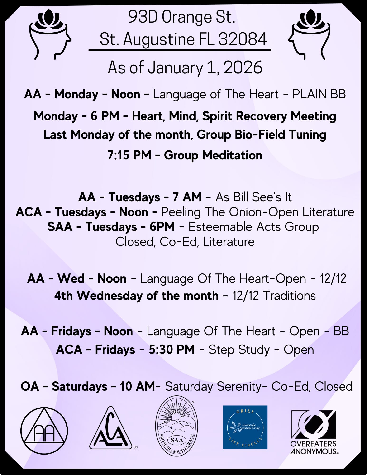 Window flyer listing weekly meetings at 93D Orange St. — the same schedule is listed in text above